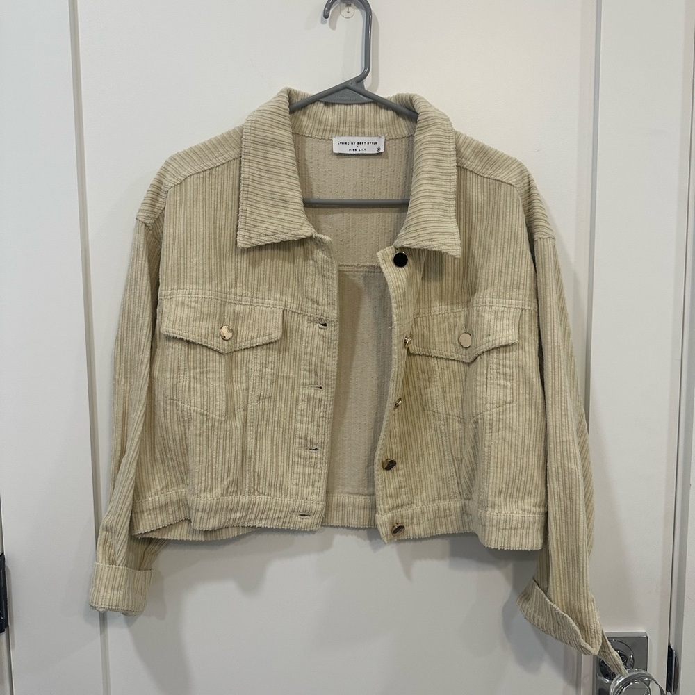 Pink Lily Cropped Beige Corduroy Jacket